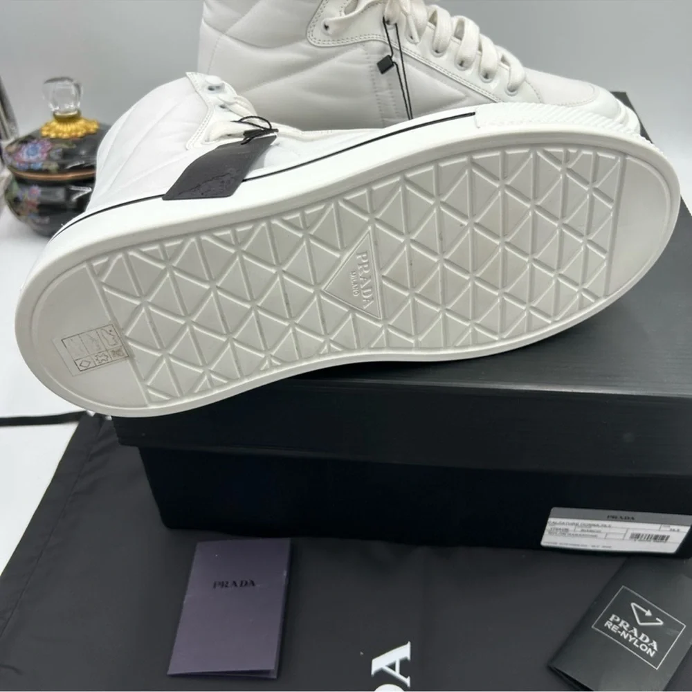 Women’s Prada re-nylon leather hightop sneakers size 39.5 made in Italy